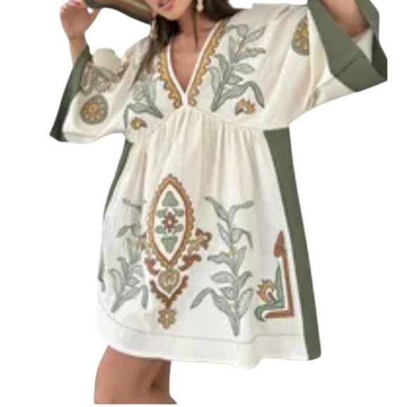 Zara Dresses & Skirts - Zara Floral Embroidered Boho Tunic Dress With Bell Sleeves V-Neckline Medium